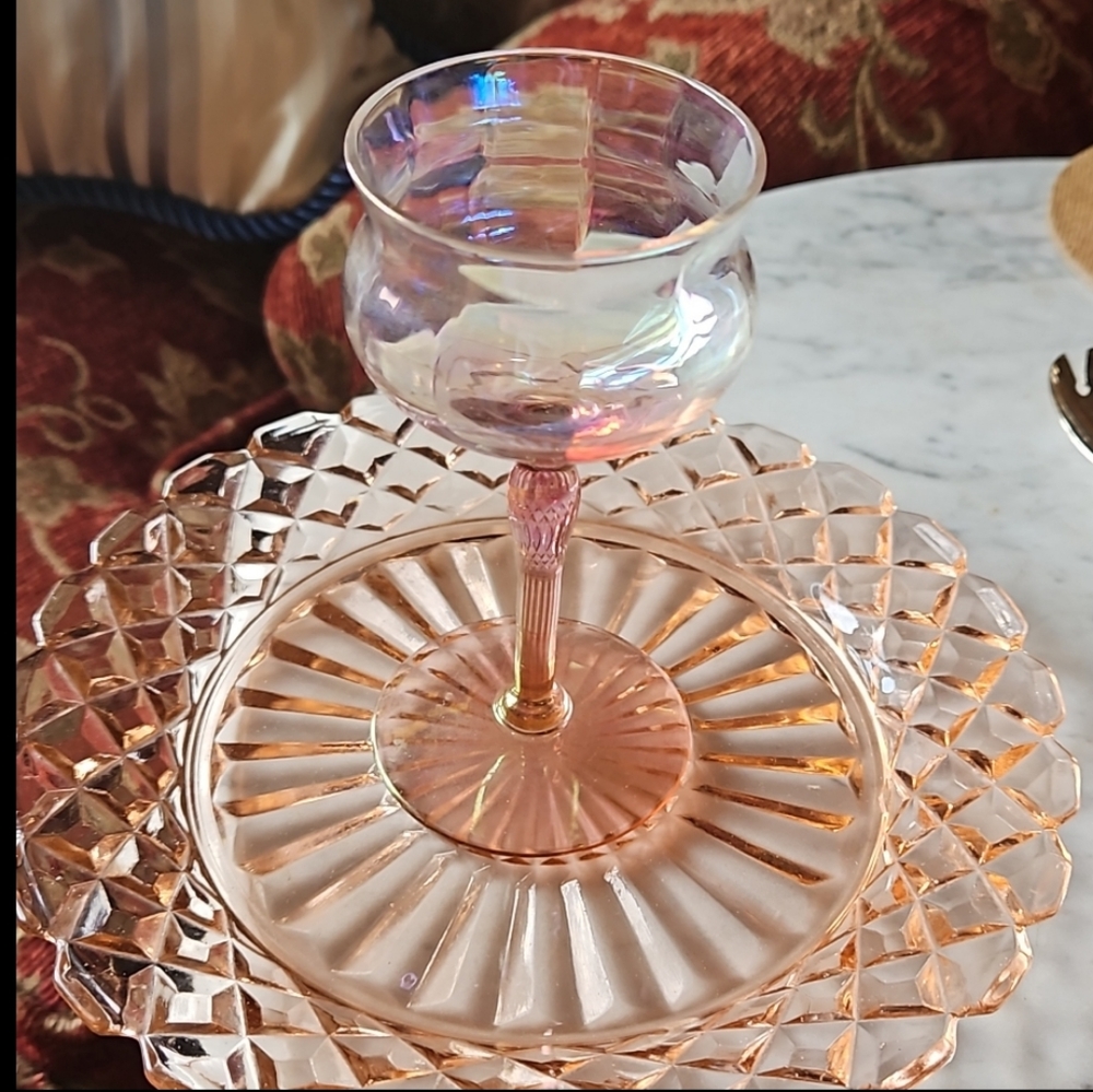 Vtg pink crystal long stem glass & Mid-century Deadstock